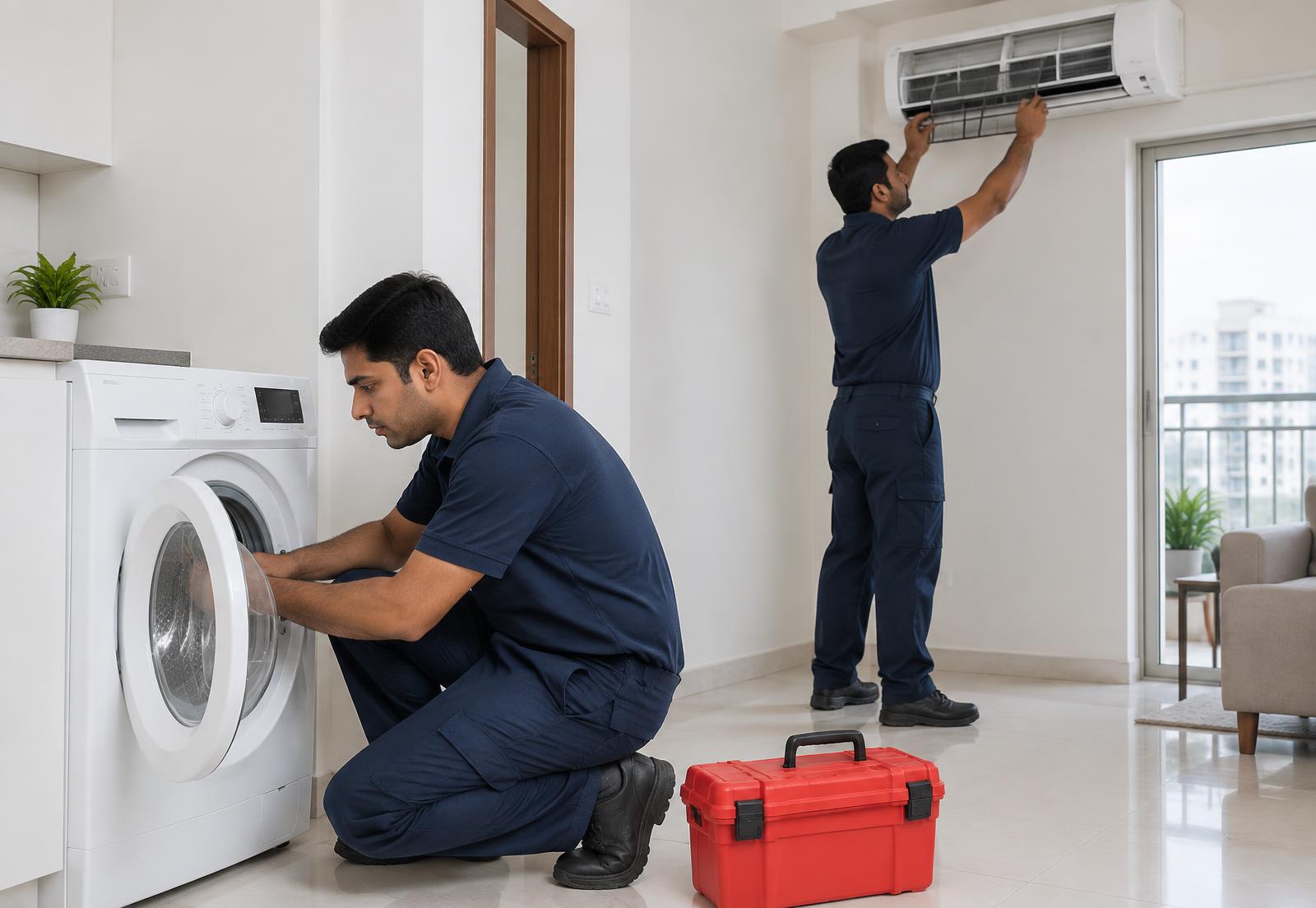 Appliance technicians repairing a washing machine and split AC at a home in Virar West